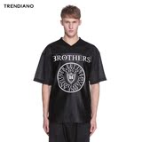 TRENDIANO新2016男装夏装字母拼接网布宽松V领短袖T恤3HI2020170