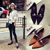 2016春季新款韩版绒面尖头粗跟单鞋女 珍珠浅口中跟女鞋