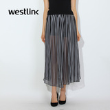 Westlink西遇女装2016春季新款竖条纹飘逸雪纺防走光中长款半身裙