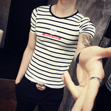 夏季男士短袖T恤衫韩版修身夜店条纹半袖紧身弹力衣服体恤潮流衫