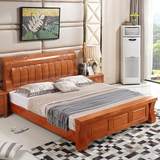 现代中式全实木橡木1.8米单双人加厚大床高箱储物卧室婚床包邮