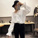 2016秋季新款白色灯笼长袖衬衫韩版系带POLO领中长款衬衣女学生潮