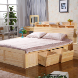 全实木床高箱床储物带抽屉床1.8 1.5米纯松木书架床 单双人床田园