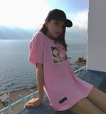 韩国学院风软妹粉色卡通印花宽松中长款体恤衫短袖T恤女#T58
