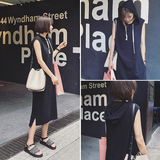 韩版女装中长款夏季新品抽绳连帽无袖卫衣修身显瘦黑色连衣裙子潮