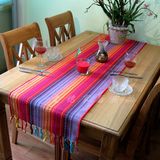 现代中式北欧简约纯棉餐桌布艺桌旗茶几装饰垫民族风红色条纹流苏