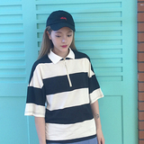 夏装新款韩版学院风甜美保罗衫 圆环拉链黑白条纹POLO衫短袖t恤女