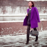 秋幻 紫色茧型大衣 羊毛廓形外套 双排扣翻领毛呢外套 宽松欧美风