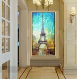 巴黎铁塔 手绘抽象装饰画 客厅卧室玄关走廊过道竖版立体油画壁画