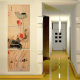 客厅走廊无框三联竖版装饰画玄关挂画书房壁画墙画 中式水墨荷花