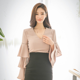 雪纺衬衫2016春秋装新款韩版女装修身优雅气质V领喇叭袖时尚衬衣