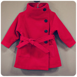 【天天特价】欧美童装秋冬新款女童呢子大衣中大童红色羊毛呢外套