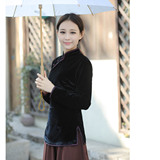中国民族风日常长袖旗袍上衣中式 改良丝绒弹力修身唐装上衣女装