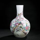 景德镇陶瓷器 仿古手绘粉彩花鸟天球瓶 家居客厅装饰工艺礼品花瓶