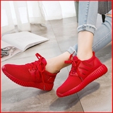 情侣韩版运动鞋女红色椰子网面透气系带轻便跑步鞋软底低帮休闲鞋