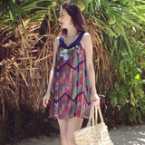 韩国代购沙滩裙波西米亚度假女装海滩印花夏季短款宽松无袖连衣裙