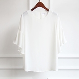 人气夏季新款女装韩国原单休闲宽松甜美白色圆领荷叶袖雪纺衬衫