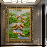 九鱼图油画中式客厅玄关餐厅挂画竖版现代有框荷花九鱼图装饰画