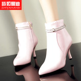 新品秋冬女靴粉红色修面皮优雅正品短靴子女鞋