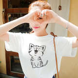 航海日志2016夏装新款可爱小猫咪印花短袖上衣宽松纯棉女装T恤潮