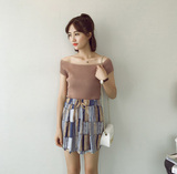 夏季新款韩版女一字领针织衫+印花雪纺阔腿短裤休闲裤套装+H711