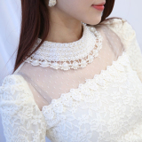 2015秋冬新款韩版白色上衣加厚加绒高领长袖镂空珍珠领蕾丝打底衫