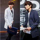 春秋季韩版修身青年休闲时尚中长款格子风衣薄款商务职业型男外套