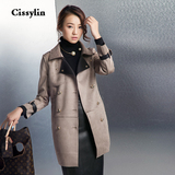 Cissylin修身中长款麂皮风衣双排扣时尚通勤PU外套2015秋冬新款女