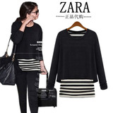 ZARA正品代购女装 2016春秋新款欧美条纹假两件T恤长袖修身打底衫
