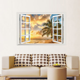 可移除墙贴纸贴画田园风格假窗户夕阳向日葵装饰客厅宿舍创意风景