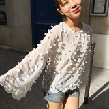 秋装新款韩国chic时尚宽松立体花朵透视白色蕾丝衫雪纺衫娃娃上衣