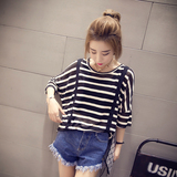 韩国代购2016韩版夏季短袖清凉女士短款t恤蝙蝠袖宽松学生条纹T恤