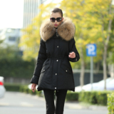 2015冬季新款韩版超大貉子毛领单排扣下摆两侧拉链中长款羽绒服女