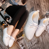 春季韩版小白鞋软皮系带单鞋女平底平跟皮鞋学院风休闲鞋白色女鞋
