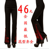 唐装裤子女装春夏装中式时尚长裤 中国风绣花女裤 民族风喇叭裤黑
