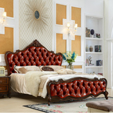 美式床 欧式床双人床 全实木真皮床 深色雕花结婚大床 1.8米储物