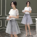 2016夏季新款韩版修身小清新欧根纱半身裙蕾丝连衣裙两件套蓬蓬裙