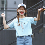 韩国ulzzang夏季女装可爱卡通流苏边宽松短款短袖T恤软妹学生上衣
