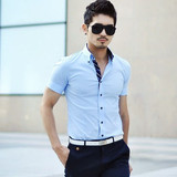 韩国代购夏季弹力男装短袖撞色衬衫韩版修身衬衣天蓝半袖休闲外贸