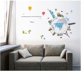 包邮世界旅行 小热气球墙面贴画客厅卧室书房墙贴可移除环保贴纸