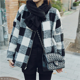 韩国秋冬新款拼色黑白格子毛呢外套加棉加厚棉衣短款夹克女