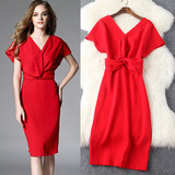 欧洲站夏装新款欧美高端女装外贸原单V领修身大红色礼服裙连衣裙