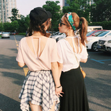 韩国ulzzang夏季女装宽松基础百搭露背短袖t恤韩版中袖上衣学生潮