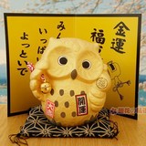 日本制 金色猫头鹰储蓄罐 日式居家摆件汽车摆件办公室摆件 包邮