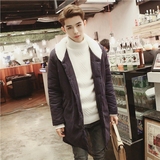 冬季明星同款棉衣男式韩版青年修身纯色中长款羊羔毛领外套棉服潮