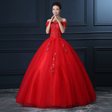 2016春新款韩版红色大码孕妇一字肩齐地修身显瘦新娘结婚婚纱礼服