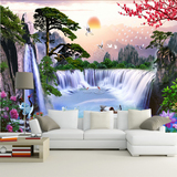 自然风景画高山流水无缝墙纸电视背景墙壁纸3d立体山水画大型壁画