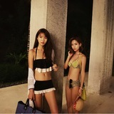 2015韩国代购比基尼度假分体游泳衣女黑白抹胸裙式温泉bikini
