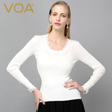 VOA 真丝圆领长袖弹力针织T恤 蕾丝拼接螺纹百搭打底衫女B5275