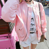 韩版2016春装新款粉色短外套拉链小圆领长袖夹克上衣学生棒球服潮